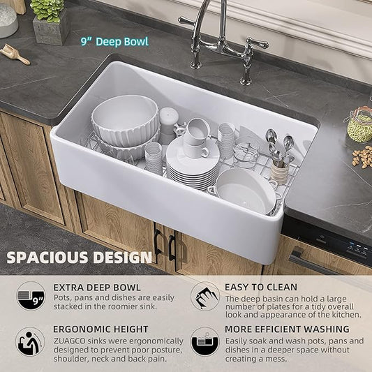 White Farmhouse Sink 33 inch Fireclay Apron Front Farm Sink Large Capacity Deep Single Bowl Kitchen Sinks with Accessories Protective Bottom Grid and Strainer