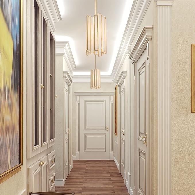 Durent Lighting Gold Pendant Lighting, Modern Cylinder Hanging Light Fixture with White Glass Shade for Kitchen Island, Entryway, Foyer, Dining Room and Bedroom