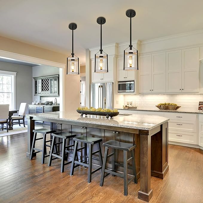Farmhouse Pendant Light, Seeded Glass Kitchen Light with Metal Cage, Rustic Hanging Pendant Lighting Fixture with Distressed Wood Finish, Modern Farmhouse Island Light for Dining Room, Foyer