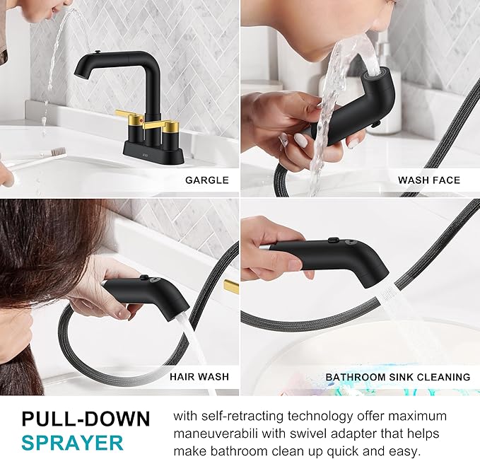 KENES Black and Gold Pull Out Centerset Bathroom Faucet 3 Hole, 4 Inch 2 Handle Bathroom Sink Faucet with Pull Out Sprayer, Vanity Faucet with Pop Up Drain & Supply Lines LJ-9059A-BG