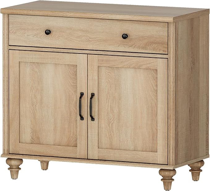 WAMPAT 34’‘ Oak Buffet Cabinet with Doors and Drawer, Wood Kitchen Storage Cabinet Modern Farmhouse Coffee Bar Table Sideboard Credenza for Dining Room
