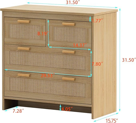GDFStudio 31.5" Rattan Storage Cabinet with 4 Drawers, Modern Farmhouse Sideboard Buffet Cabinet, Wood Credenza Console Table for Living Room Dining Room Kitchen Hallway, Easy Assembly, Natural