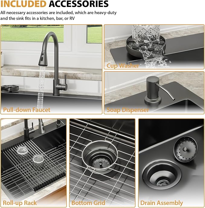 Mocoloo 33x22 Drop In Kitchen Sinks with Faucet 33 Inch Black Drop In Kitchen Sink 16 Gauge Stainless Steel Single Bowl Topmount Outdoor Sinks with Pull-out Faucet, Cup Washer and Soap Dispenser