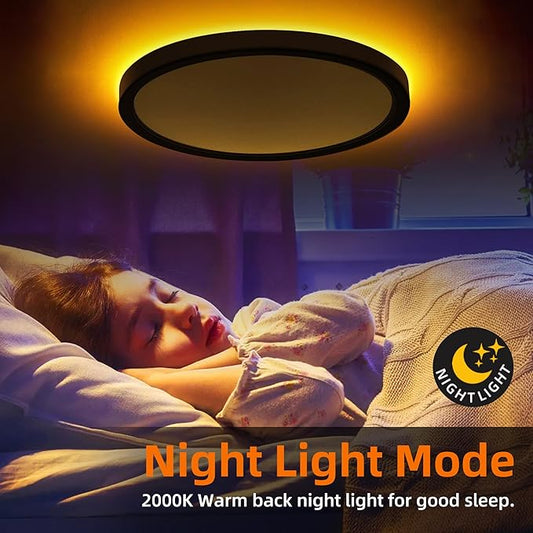 Hlite 12 Inch Flush Mount LED Ceiling Light with Night Light, 24W, 2400lm, 3000K/4000K/5000K Selectable, Flat Lights for Ceiling, Dimmable LED Ceiling Light for Bedroom, Kitchen, Black(2Pack)
