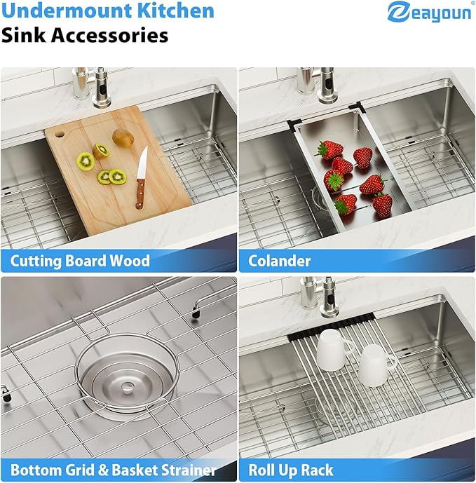 32 x 19 Inch Undermount Kitchen Sink Workstation 16 Gauge Stainless Steel Handmade Sink Round Corners Single Bowl Large Deep Under Counter Kitchen Sinks Basin, 32"x19"x9"