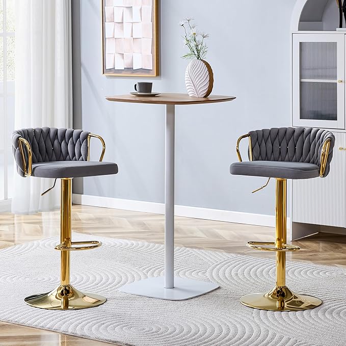 Velvet Bar Stools Set of 2, Woven Height Adjustable Swivel Barstools, Hydraulic Kitchen Counter Height Bar Chairs with Armrest and Back for Kitchen, Dining Room