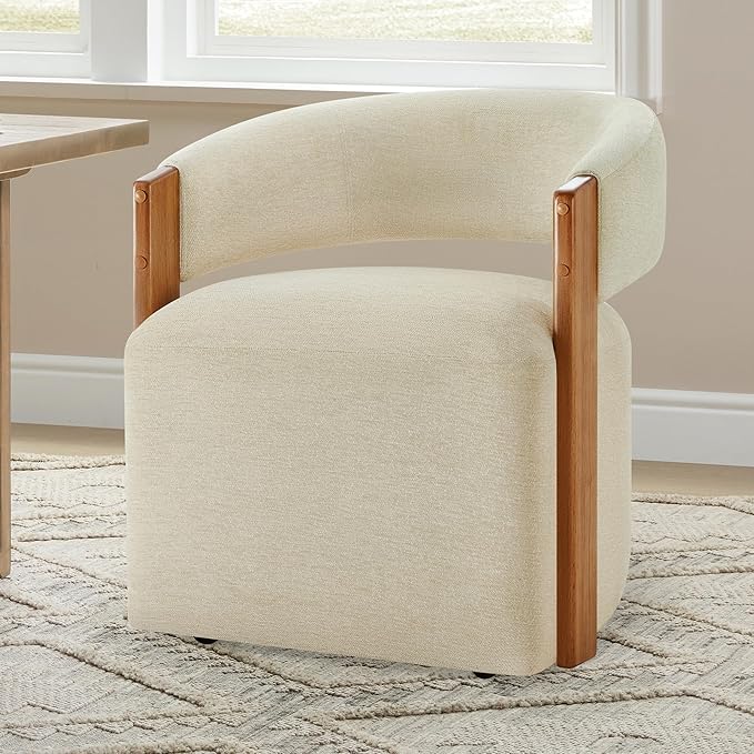 KISLOT Upholstered Dining Chairs Set of 4, Barrel Modern Dining Room Chairs with Casters, Kitchen Side Wooden Armchair with Fabric Cushion Seat for Bedroom, Livingroom, Reading Room, Sand, 4 Boxs