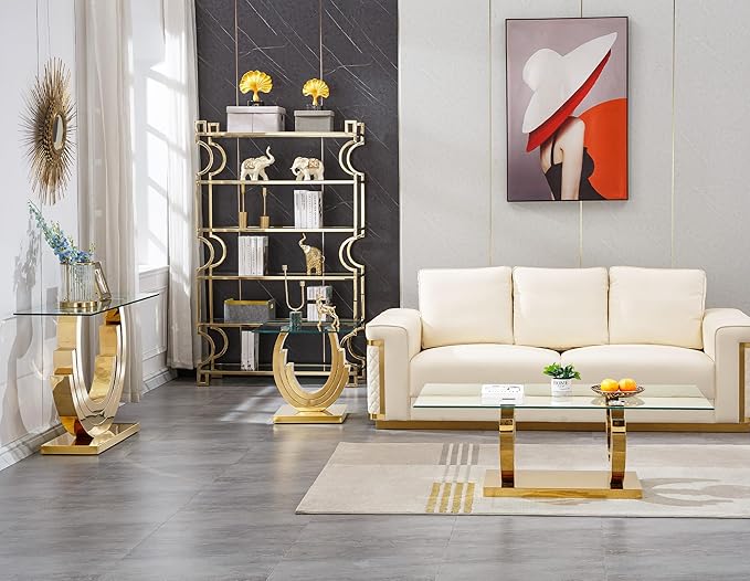 Glass Living Room Table Set of 4, Modern Glass Coffee Table with 1 Console Tables & 2 End Tables Set for Apartment, Luxury Coffee Tables Sets Perfect for Living Room, Stainless Steel Frame