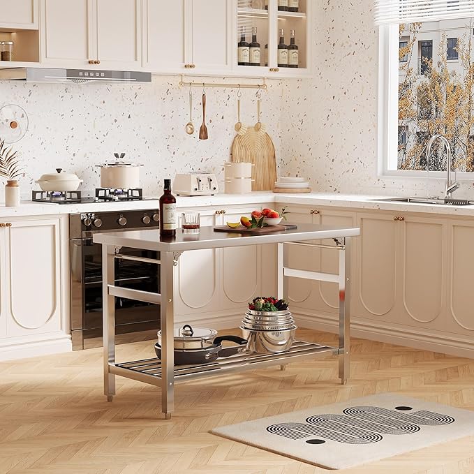 Stainless Steel Folding Table 24 x 60 Inch, Commercial Worktables Workstations, Heavy Duty Kitchen Island with Undershelf for Restaurant Kitchens Laundry, Silver