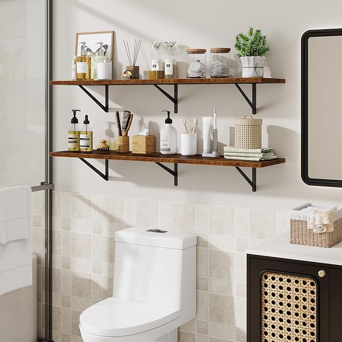 Acovy 48inch Floating Shelves for Wall,10" Deep Floating Shelves with Metal Brackets,Wall Mounted Hanging Floating Shelf,Wide Display Shelves for Living Room,Bedroom,Office,Kitchen,Rustic Brown
