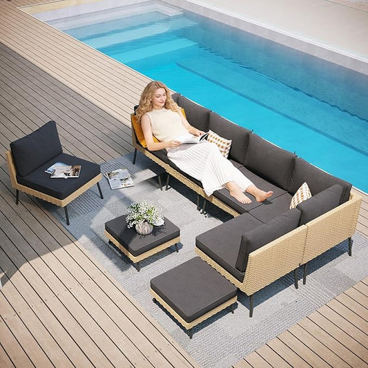 Aoxun 8-Piece Patio Furniture Set, Wicker Outdoor Furniture with Water Resistant Thick Cushions, Patio Conversation Set Outdoor Sectional Sofa with Coffee Table for Backyard Poolside, Black