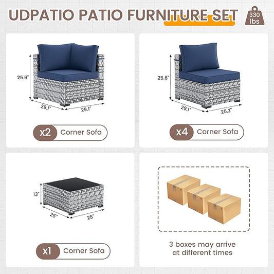 UDPATIO Outdoor Patio Furniture Set, 7 Piece PE Wicker Sectional Sofa with Tea Table, Outdoor Conversation Set with Waterproof Cover for Patio, Garden, Backyard (Blue Cushions with Grey Rattan)