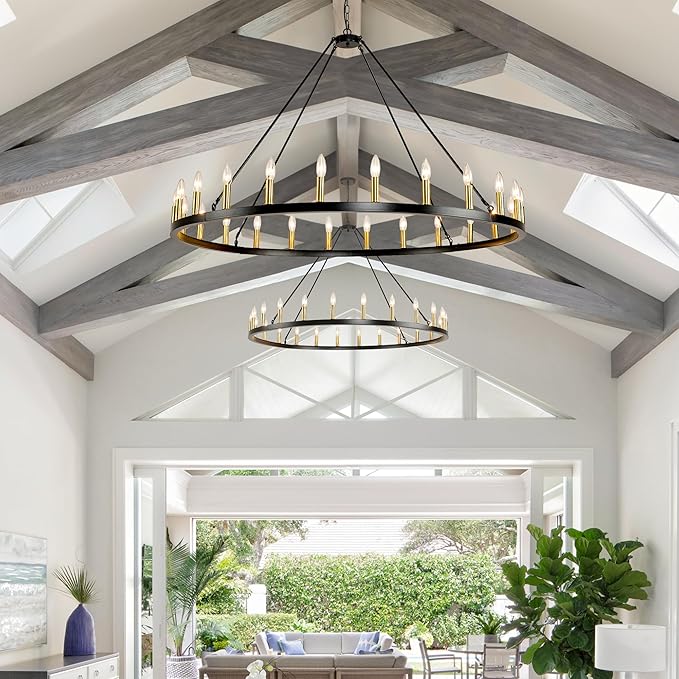 24-Lights 54" Extra Large Wagon Wheel Chandelier Farmhouse, Black and Gold Chandelier for High Ceilings, Rustic Chandeliers for Dining Room, Kitchen Island, Living Room, Foyer, Entryway