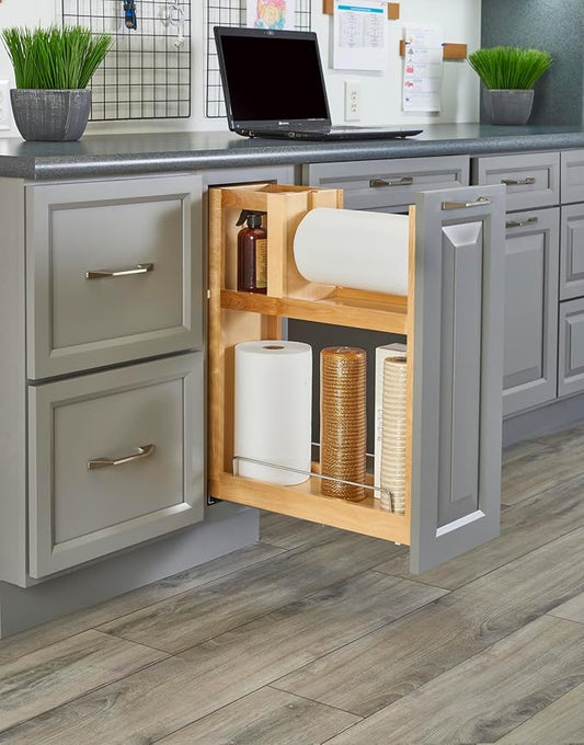 Rev-A-Shelf 6.86" Paper Towel Pullout Organizer, Wood Base Kitchen Cabinet Storage with Soft-Close Full Extension Slides, 448PTH-BCSC-6C