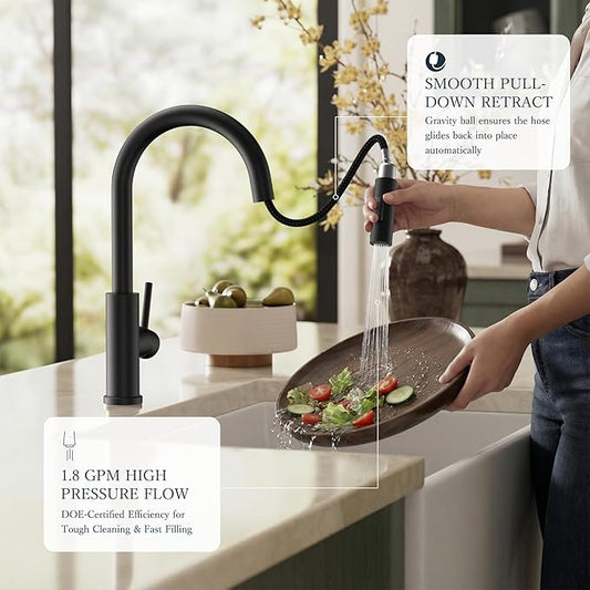 FORIOUS Kitchen Faucets with Pull Down Sprayer, Black Classic Single Handle Stainless Steel High Arc Faucet for Kitchen Sink, 1 Hole with Deck Plate Sink Faucet for Bar RV Farmhouse Outdoor Laundry