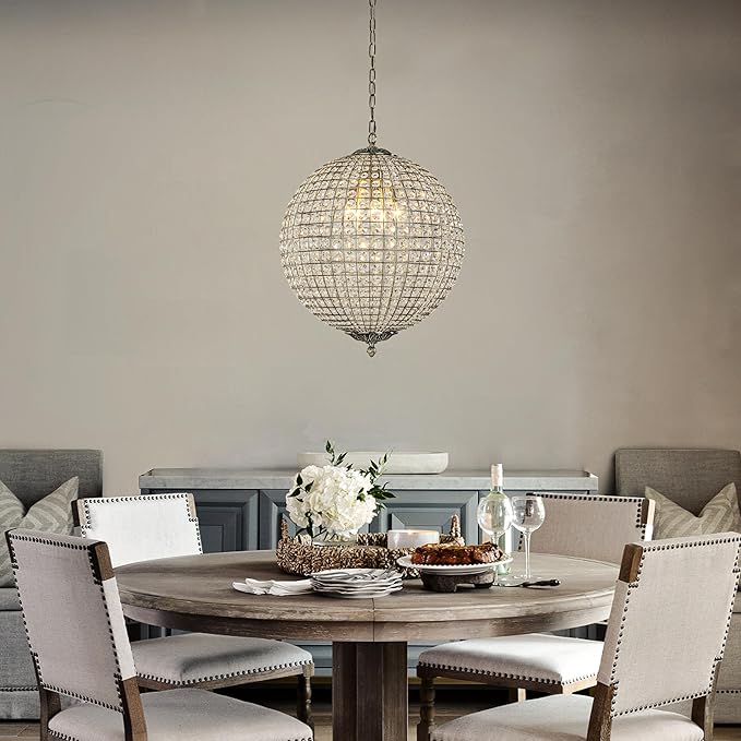 ALOADECOR 5-Light W20 in Vintage Crystal Sphere Chandelier in Antique Gold Modern Glam Globle Cage-Style Shade Pendant Light for Dining Room Living Room