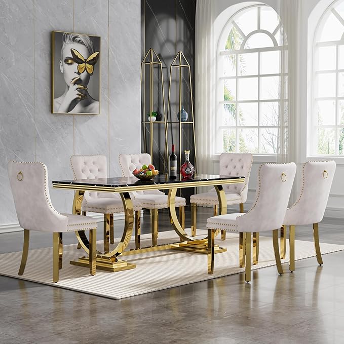 Black Marble Dining Table for 4 6, 70" Dining Room Table with Gold Stainless Steel Frame, Modern Kitchen & Dining Room Tables Rectangle Faux Marble Dinning Dinner Table for 4 6