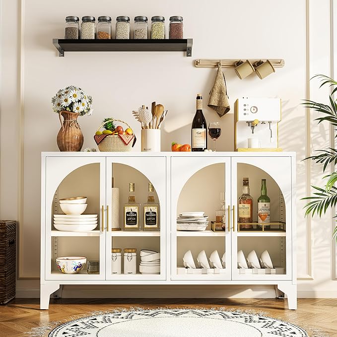 Foreate Arched Sideboard Buffet Cabinet with Storage & LED Light, 53.2" Large Buffet Cabinet with 4 Glass Door & Adjustable Shelf, Modern Farmhouse Sideboard Credenzas Metal Kitchen Buffet, White