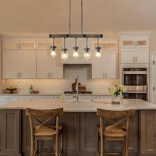 LOG BARN Farmhouse Chandeliers for Dining Room, 5 Light Mason Jar Kitchen Island Lighting, Rustic Faux Wood Island Lights for Kitchen