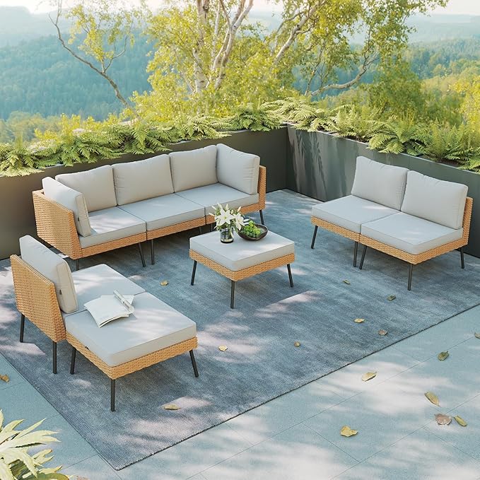 Aoxun 8 Piece Patio Furniture Set, 8 Seats Outdoor Sectional Sofas with Thick Cushion, Wicker Outdoor Patio Furniture Set with Ottomans for Party, Garden, Backyard, Grey