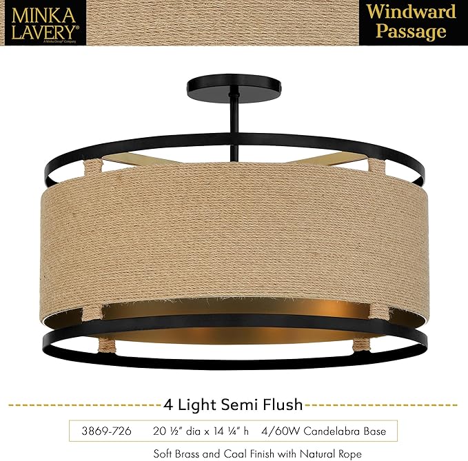 Minka Lavery 3869-726 Windward Passage Semi-Flush, 4-Light, 240 Total Watts, 20.5-in H x 14.13-in W, Coal Black and Soft Brass