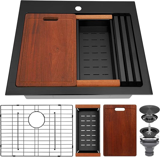 Black Drop In Kitchen Sink 26" X 22",Top Mount 16 Gauge Stainless Steel Workstation Sink,Deep & Large Single Bowl Kitchen Sinks (Black, 26" X 22")
