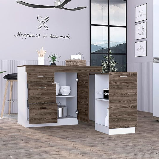 GOWE Laurel 3-Drawer L-Shaped Convertible Kitchen Island White and Dark Walnut
