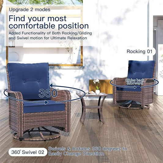Kullavik 9 Pieces Outdoor Patio Furniture Set,PE Wicker Rattan Sectional Sofa Patio Conversation Sets with Swivel Rocking Chairs Set,Navy Blue
