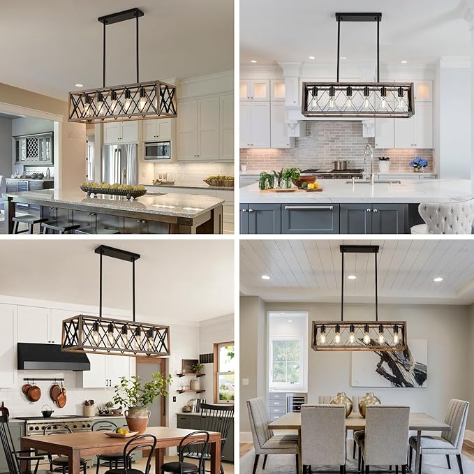 Farmhouse Dining Room Light Fixtures,Rustic Vintage Antique Linear Chandeliers for Dining Room,Kitchen Island,Bar,Office Coffee Shop,Oak White and black Adjustable Hanging Pendant Light 6-Lights