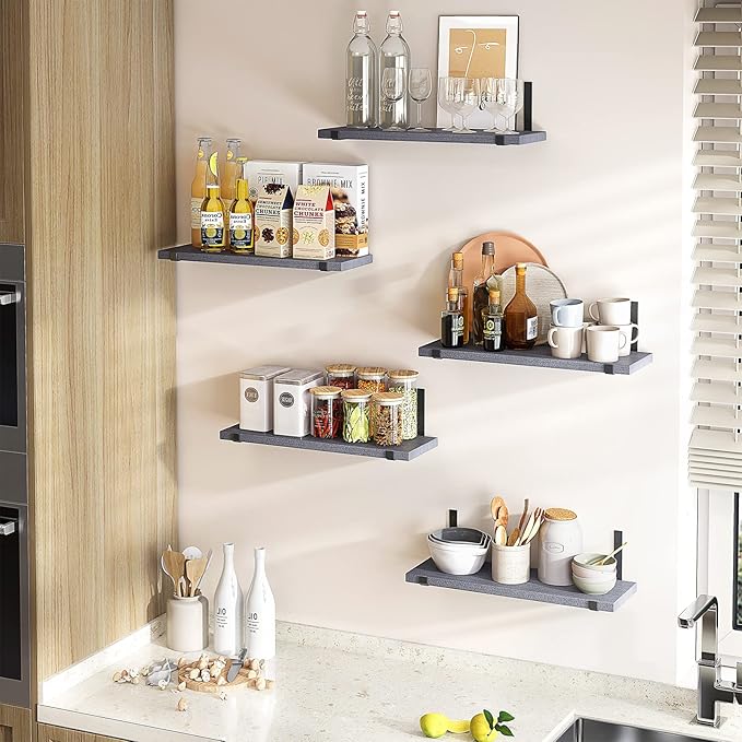 Fixwal Floating Shelves Set of 5, Width 4.7 Inches Wall Shelves, Rustic Wood Wall Storage Shelves for Bedroom, Living Room, Kitchen, Bathroom (Grey)