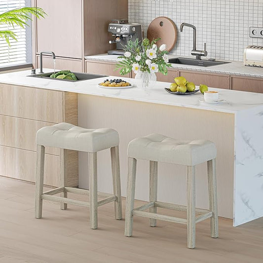Giantex 24" Bar Stools Set of 2, Upholstered Counter Height Saddle Bar Stools with Footrest and Wood Legs, Farmhouse Button Tufted Backless Barstools for Kitchen Island, Dining Room, Cafe, Beige