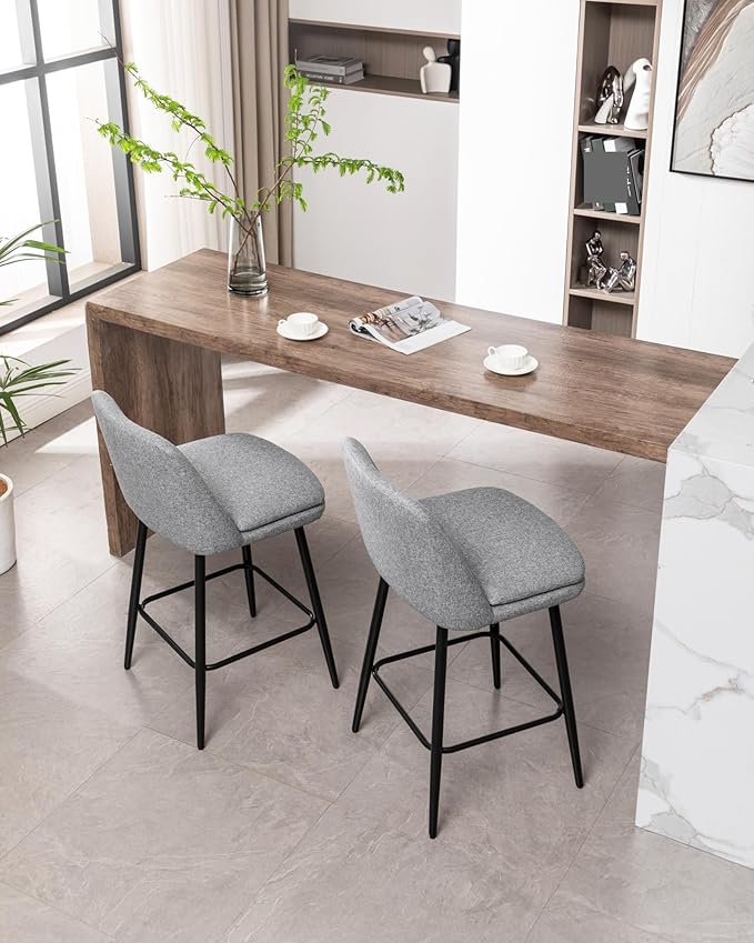 Counter Height Swivel Bar Stools Set of 2, 360° Swivel Upholstered Barstools with Back and Metal Legs, 25.6" Seat Height,Counter Stools for Kitchen Island and Pub,Linen Cloth,for Living Room