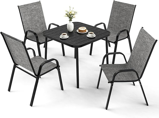 Pamapic Outdoor Dining Sets for 4, Square Steel Slat Table with 4 Textilene Chairs, 5 Piece Patio Table and Chairs Set with Adjustable Umbrella Hole for Patio,Garden, Backyard, and Poolside (Grey)