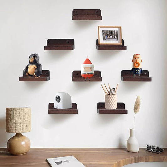 Small Floating Shelf, 4x4 Inch Display Ledges for Wall,Mini Shelves,Rustic Wood Shelf for Bedroom Living Room Bathroom Kitchen (8, Dark Walnut)
