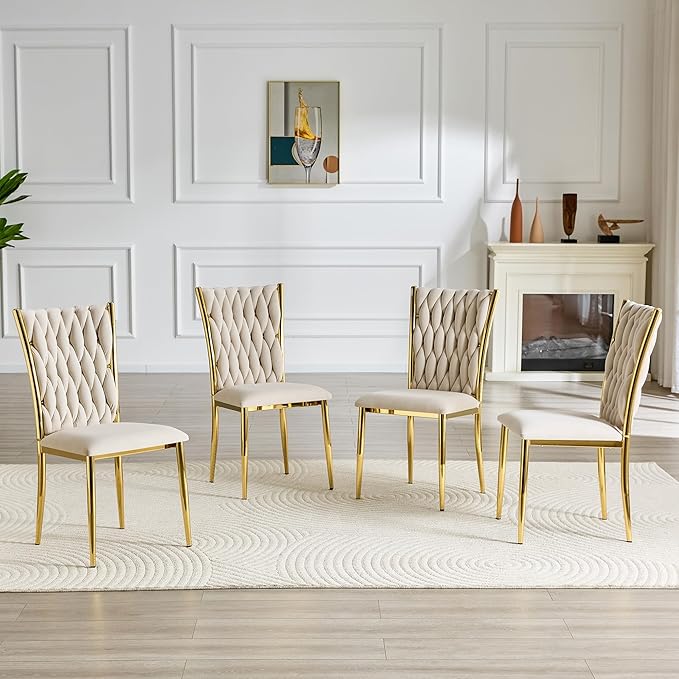 Upholstered Dining Chairs Set of 4, Hand-Woven Back Kitchen Chair, Luxury Gold Dining Chairs,Velvet Upholstery with Metal Legs, Modern Velvet Chair for Dining Room、Kitchen、Restaurant
