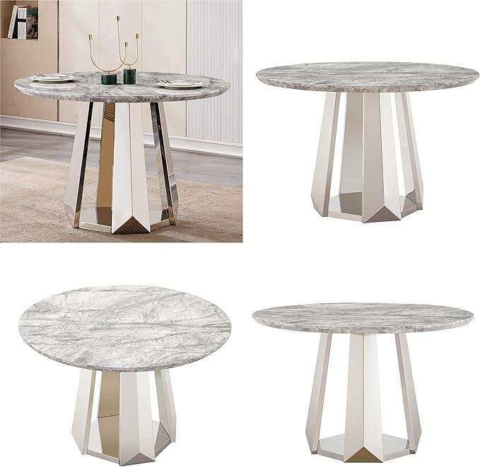 47" Round Marble Dining Table for 4-6, Luxury Modern Kitchen Table with Marble Grain MDF Tabletop & Silver Mirrored Stainless Steel Pedestal Base, Grey Stone Dinner Table for Dining Room (Table Only)