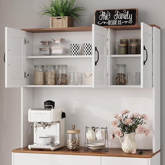 IDEALHOUSE 71" Kitchen Pantry Storage Cabinet with Charging Station, Farmhouse Kitchen Hutch Cabinet with 2 Storage Drawers, Large Food Pantry with Microwave Stand for Dining Room,Living Room,White
