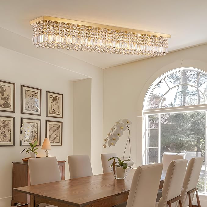 59-inch Modern Crystal Chandelier,13-Light K9 Crystal Rectangle Chandelier for Dining Room,Kitchen Island Adjustable Hanging Pendant Light Fixture,Gold Brass