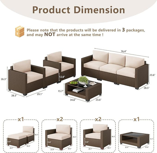 LOUVIXA 7 Piece Outdoor Patio Furniture Set, Rattan Chairs Glass Table Wicker Conversation Seating Sectional Sofa with Cushions (Brown-Beige, 7Pcs-2 Layer Coffee Table)
