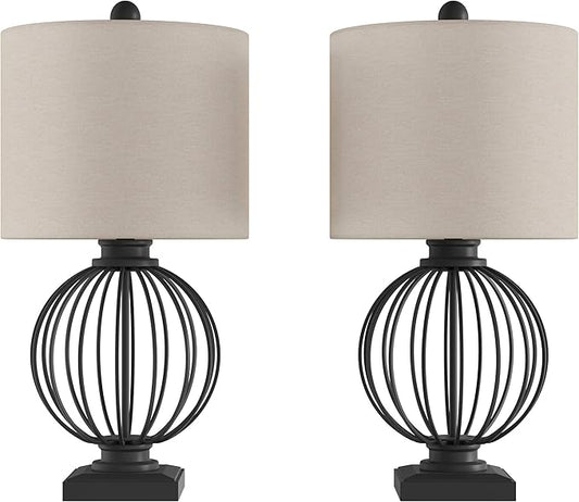 Modern Table Lamps - Set of 2 Wrought Iron Open Cage Lights with LED Bulbs - Rustic Farmhouse Style for Living Room or Bedroom by Lavish Home (Black)