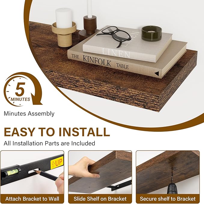 Floating Shelves for Wall, 22.5"W x 8"D Wall Shelf, Rustic Wood Floating Shelf 22.5 Inch Long, Bathroom Shelves Set of 2, 8 Inch Deep Floating Shelves for Living Room, Bedroom, Kitchen, Rustic Brown
