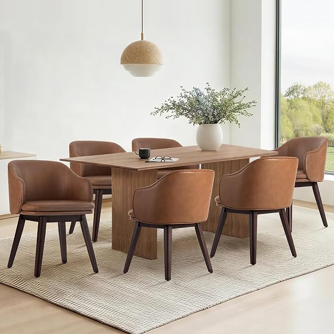 KISLOT Wooden Dining Chairs Set of 2, Faux Leather Upholstered Modern Dining Room Chairs with Barrel Backrest & Double-Layer Thick Cushion for Living Room, Restaurant, Kitchen and Café, Brown