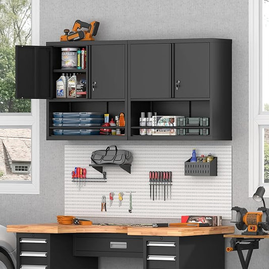 Metal Garage Cabinets, Lockable Storage Cabinet, Metal Cabinet with Open Storage, Upper Tool Cabinet for Basement, Wall Mounted Cabinets for Shop