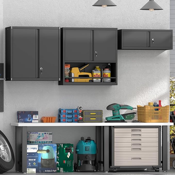 Steel Wall Cabinet, Metal Locking Wall Cabinet, Wall Hanging Metal Cabinet for Garage Tool Storage, Wall Mount Tool Cabinet for Garage, Laundry Room, Pantry, Black