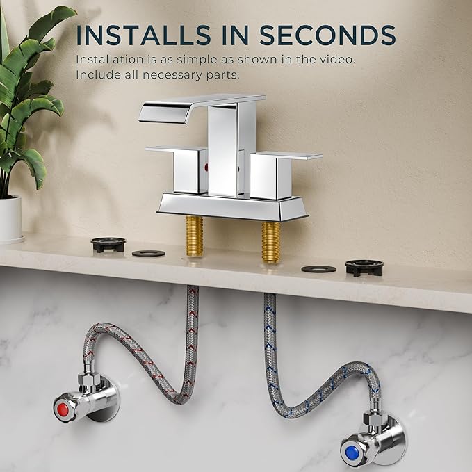 FORIOUS Waterfall Bathroom Faucets 3 or 2 Hole for 4 Inch Centerset Sink with Metal Pop Up Drain and Hose, Double Handle Operation, Suitable for Vanity RV Restroom Remodel (Chrome)