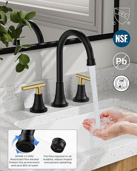 FORIOUS 8 Inch Widespread Bathroom Faucet Black and Gold, 2 Handle Mix Color Rv Matte Black and Brushed Gold Bathroom Sink Faucet 3 Hole, with 360° Rotating Spout, Pop-up Drain, and Supply Line