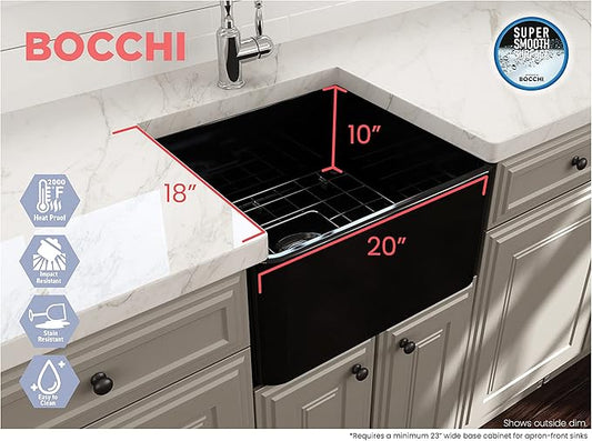 BOCCHI Classico Farmhouse Apron Front Fireclay 20 in. Single Bowl Kitchen Sink with Protective Bottom Grid and Strainer in M.Black