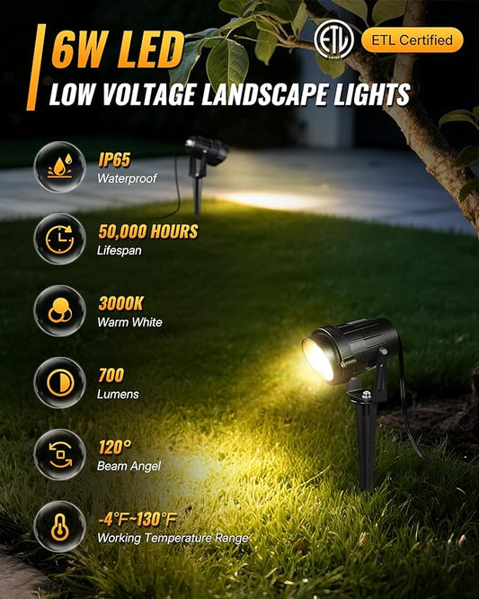6W 700LM Low Voltage Landscape Lighting, 12V AC/DC 3000K Warm White LED Low Voltage Landscape Lights, IP65 Waterproof Outdoor Spotlights with Connectors for Garden Tree Yard 14Pack W01SLP1406