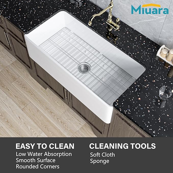 Miuara Farmhouse Sink 36 Inch - Extra Large Apron Front Kitchen Sink Reversible 36"x18"x10", Undermount Installation, Farm House Style Single Bowl, Solid Fireclay, Glossy White, for Kitchen