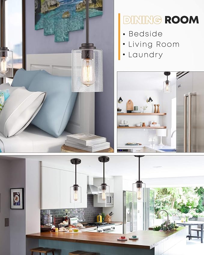 Beionxii Glass Pendant Light | Farmhouse Mini Pendant Lighting for Kitchen Island Dining Room Over The Sink, Oil Rubbed Bronze with Bubble Glass - DMD9002-1H/1PK